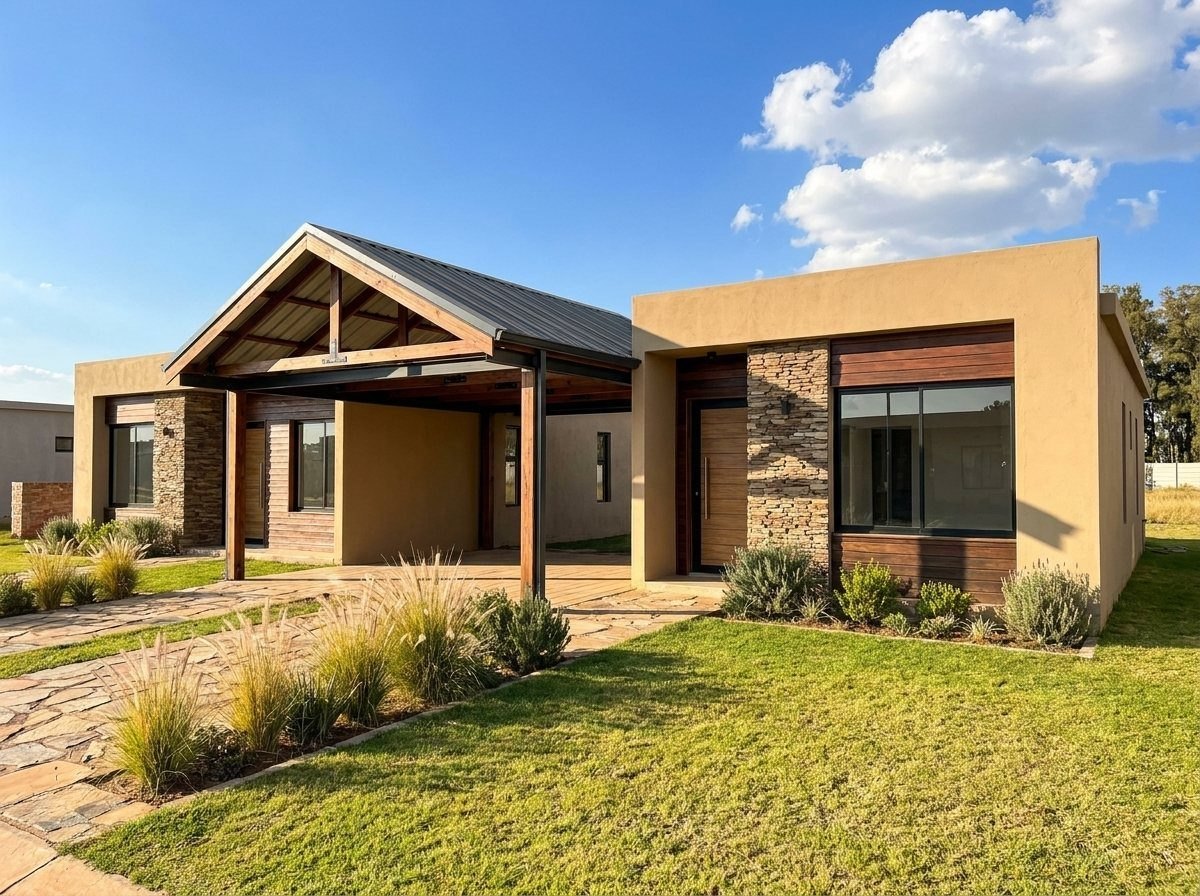 Casa con galería de madera y piedra, ejecutada con Inbuild System