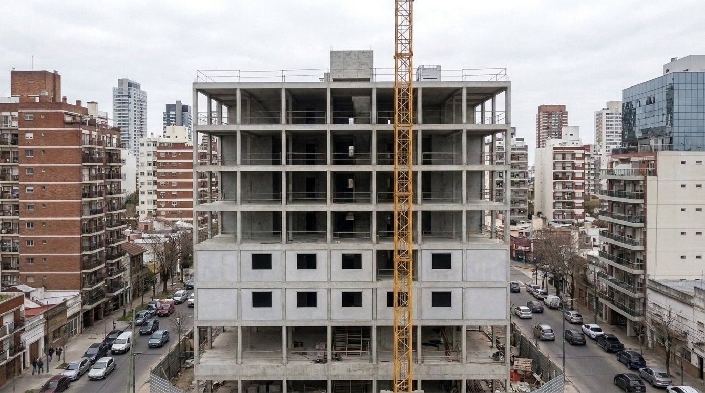 Edificio en altura cerrándose con paneles Inbuild PH, con grúa